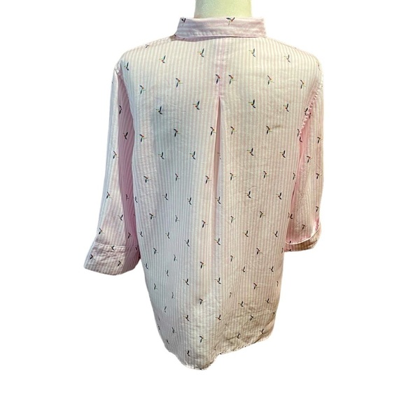 Chico's Linen Pink White Stripe Hummingbird 3/4 Sleeve Button Down Size 2/Large - Picture 6 of 13